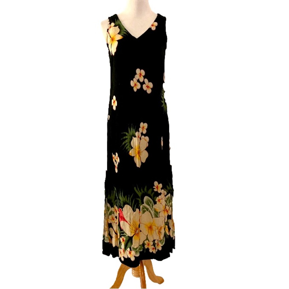 Black Floral Maxi Dress with Yellow Plumeria Print